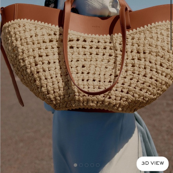 POLENE raffia cyme Tote with Brown Leather Trim - Picture 2 of 4